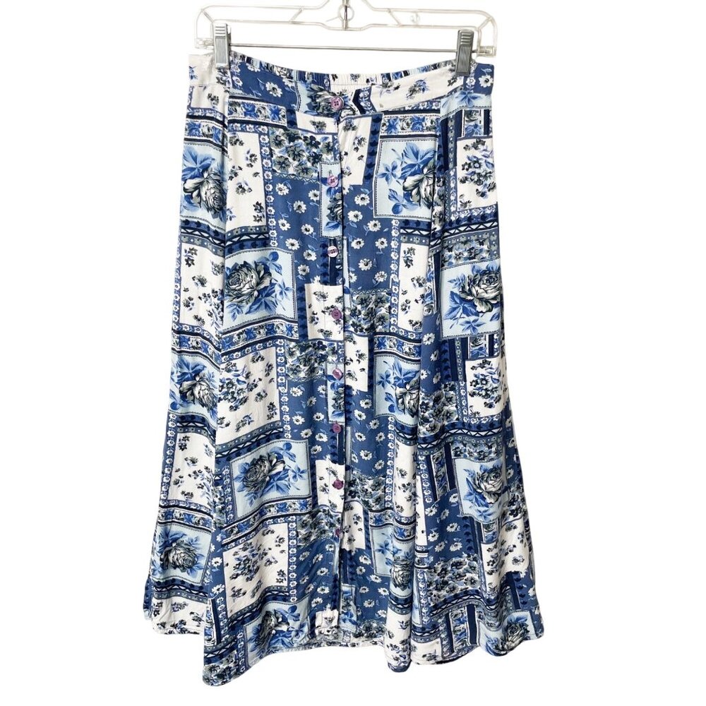 Vtg 90’s Y2K Short Circuit Full MIDI Skirt Blue White Patchwork Print Women’s L